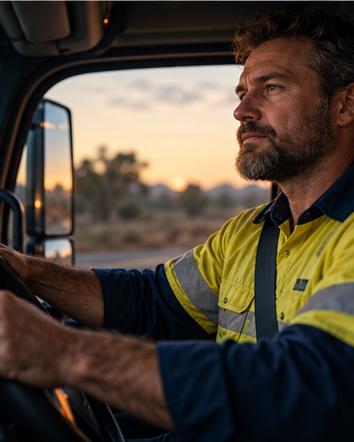 A truck driver in a hi-vis shirt at the wheel, looking down the road at sunset