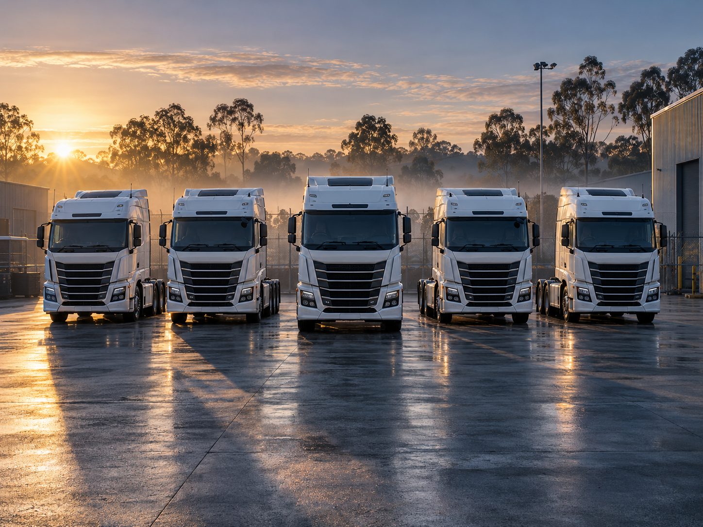 A fleet of white prime movers lined up in a depot yard at sunrise